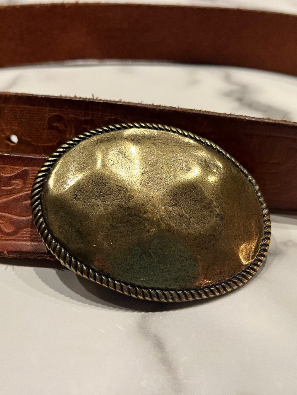 Vintage J. Crew Tooled Leather Western Belt Size M Made in USA Solid Brass